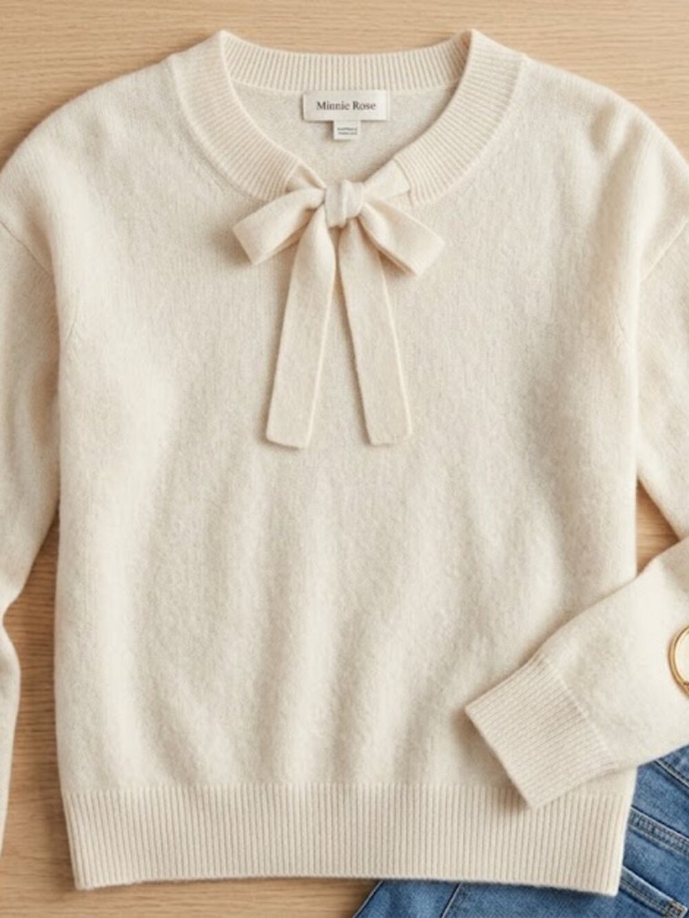 Minnie Rose 100% Cashmere Cream Knit Sweater Bow Detail Size M Luxury